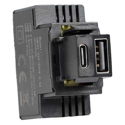 Alimentatore Compatto da Incasso Keystone USB-A e USB-C&trade 20W Nero
