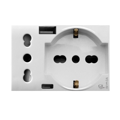 Domus S44 Presa Schuko Presa Italiana USB-A e USB-C&trade 2P+T 10/16A 250V 3 Moduli Bianco Lucido, 44109015USB