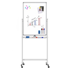 Lavagna Magnetica Bifacciale 60x100 cm con Ruote e Mensola per Pennarelli con Ganci Portablocco