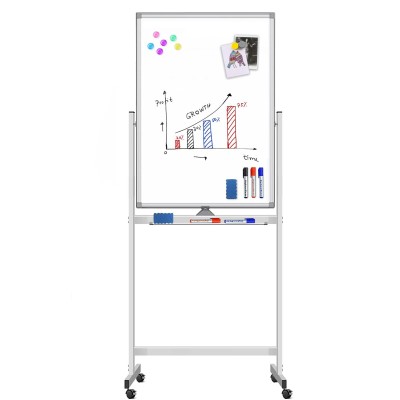 Lavagna Magnetica Bifacciale 60x100 cm con Ruote e Mensola per Pennarelli con Ganci Portablocco