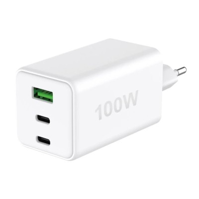 Caricatore Alimentatore GaN 100W 2x USB-C&trade 1x USB-A Power Delivery Fast Charger Bianco
