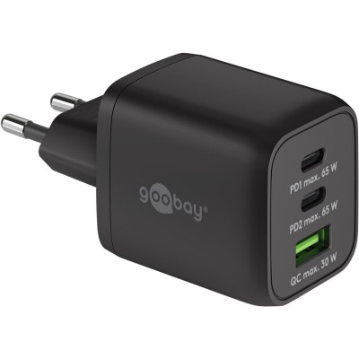 Nano Caricatore Alimentatore GaN 2xUSB-C&trade (PD) + USB-A (QC) da Muro 65W Nero
