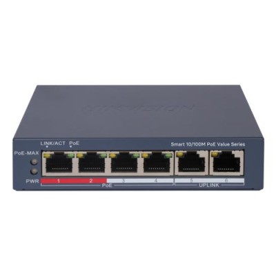SWITCH HIKVISION SMART MANAGED POE 10/100 L2, 4 10/100M RJ45 POE PORTS, 2 10/100M RJ45 PORT, 802.3AF